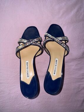 Manolo Blahnik Navy Multicolor Crisscross Slide Sandals - look at pics for size